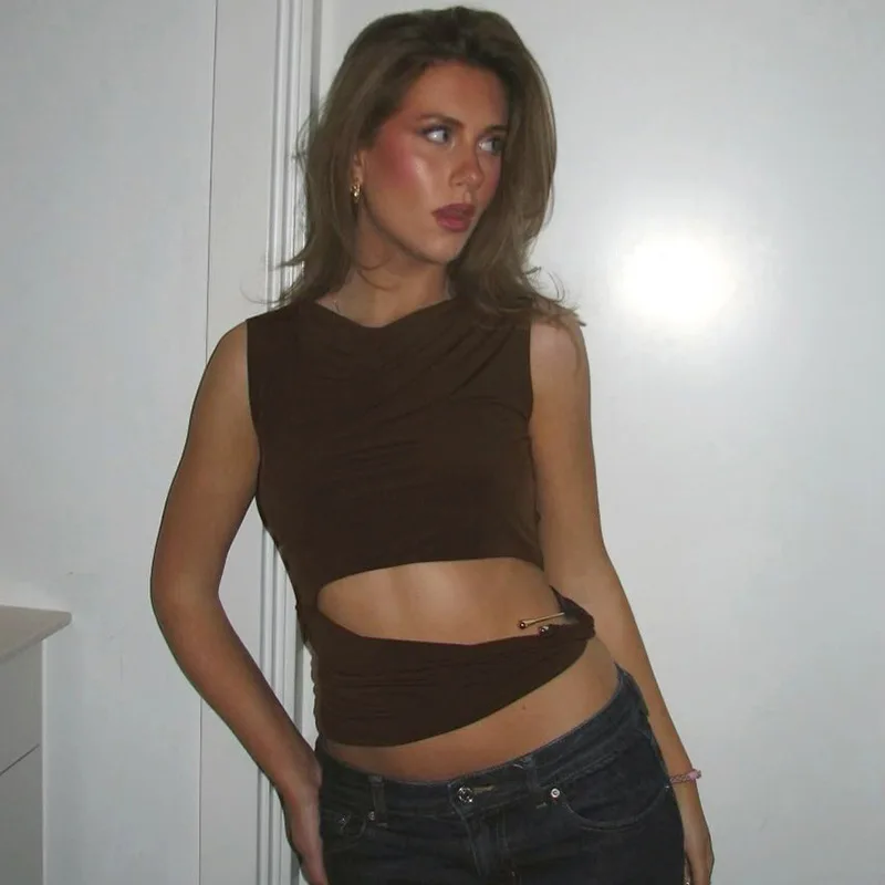 Donna Estate Vita cava Top Camicie Fibbia in metallo Tees Crop Top Lady Donna Ins Chic Slim Night Club Streetwear Hotsweet Top