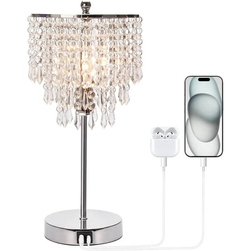 Lampada da tavolo in cristallo con controllo touch con porte di ricarica USB C + A, lampada da comodino decorativa dimmerabile a 3 vie con