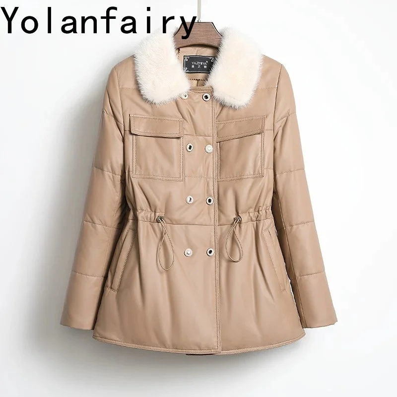 

YOLANFAIRY Women 2026 Genuine Sheepskin Leather Down Coat Slim Fit Mid-length Thickened Real Leather Jacket Mink CollarWinter