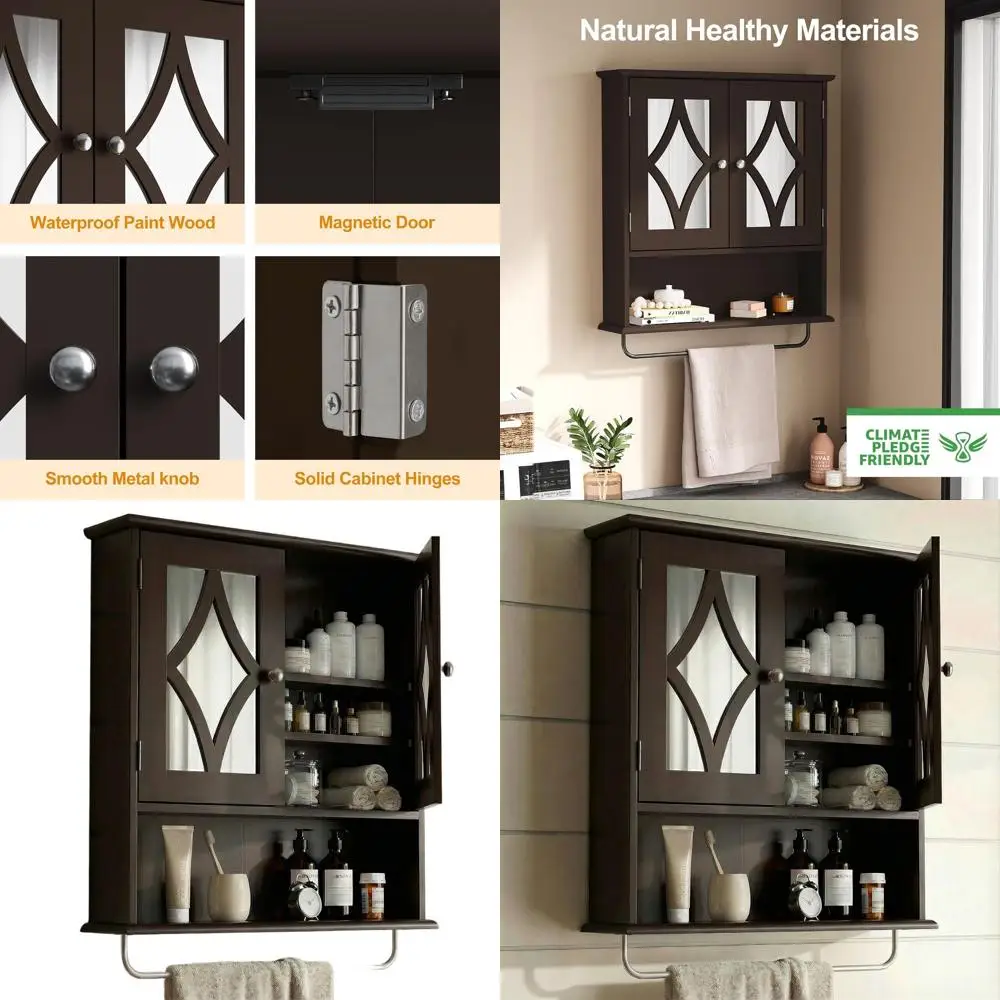 

Большой настенный шкаф для ванной комнаты с местом для хранения над унитазом, вешалкой для полотенец, регулируемыми полками - 22x25 дюймов, коричневый