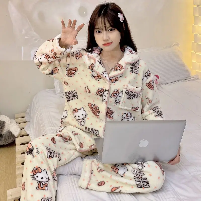Hello Kitty Cute Coral Velvet Pajamas for Women In Winter Thickened Velvet Student Home Clothes Can Be Worn Outside The Suit