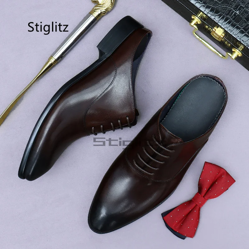Men's Half Shoes Genuine Leather British Style Business Luxury Handmade Summer Mules Black Office Social Shoes Sandals Slippers