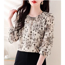 Vintage Printed O-Neck Spliced Butterfly Sleeve Shirts Women's Clothing 2024 Autumn New Loose Office Lady Tops Chic Blouses