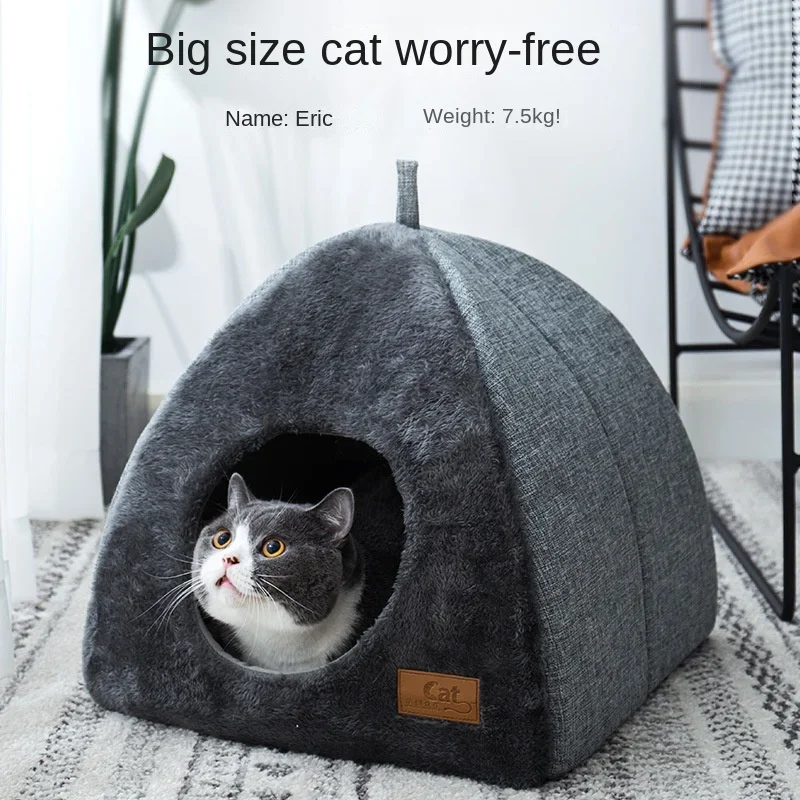 

New House Foldable Cat Semi-enclosed Soft Indoor Cats Cave Bed Gray Plush Non-slip Puppy Kitten Kennel Small Dog Tent Product