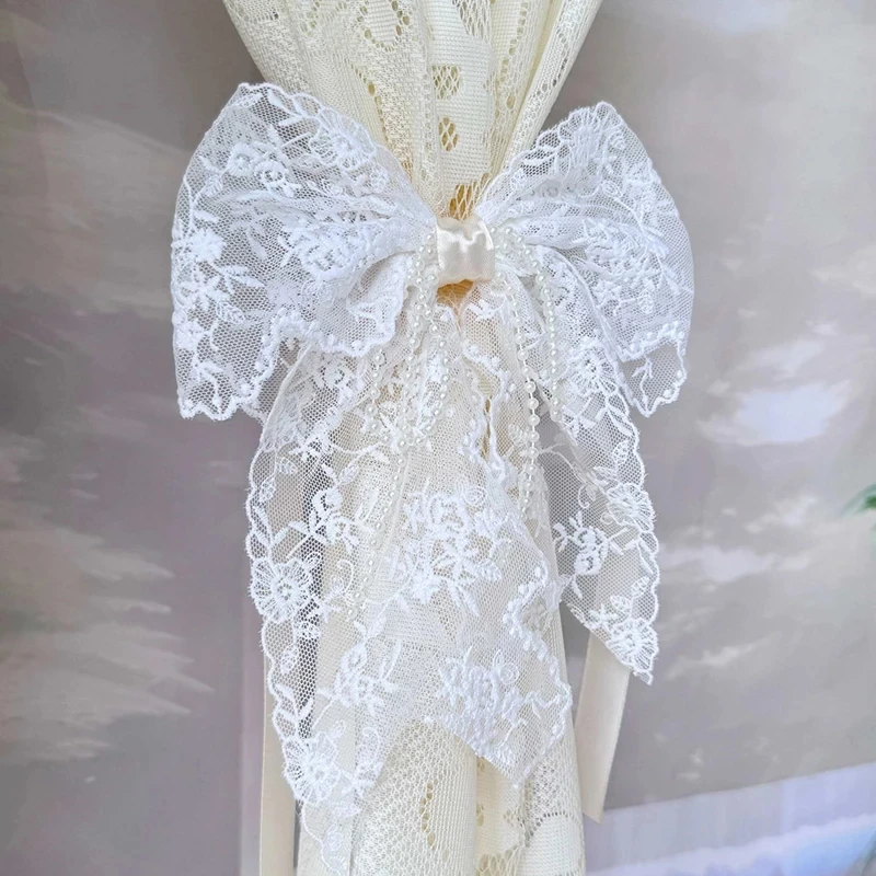 1Pair/2Pairs French Romantic White Flower Lace Curtain Tieback with Bead Korean Bow Strap Trims for Curtain Accessories Decor