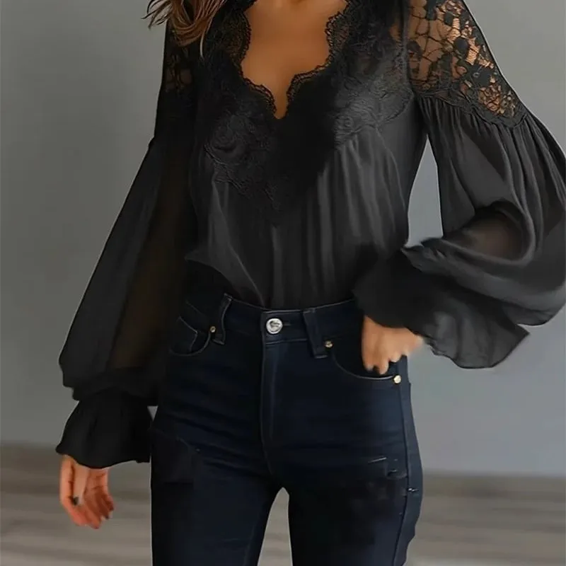 

Women's New Solid Blouse Elegant Sexy V-neck Lace Splicing Lantern Sleeve Solid Blouse Office Commuter Chic Shirt For Female