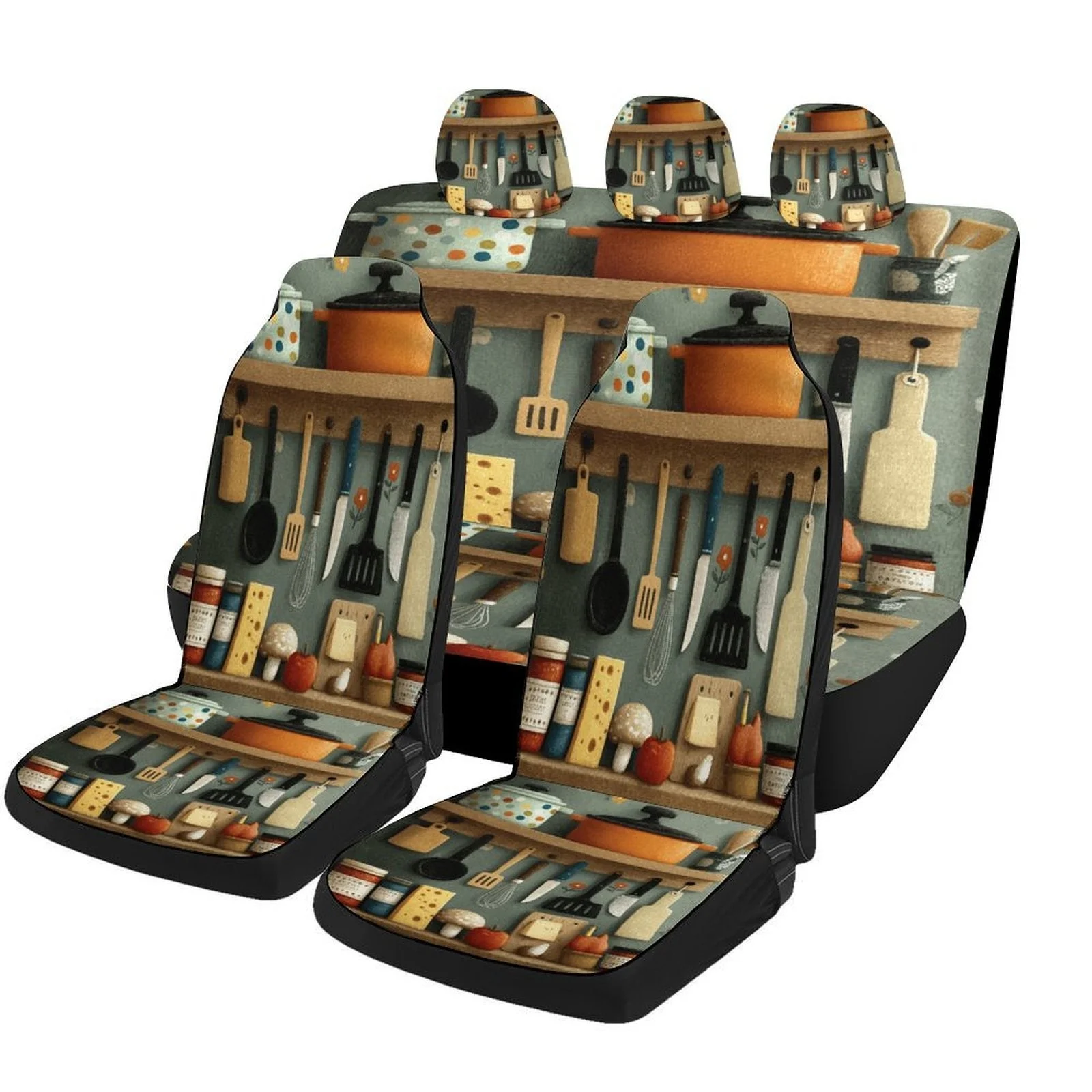 Kitchen Tools Pattern Themed Car Seat Cover Set For Most Cars, Decorative Trendy High-quality Car Seat Protector Covers Full Set