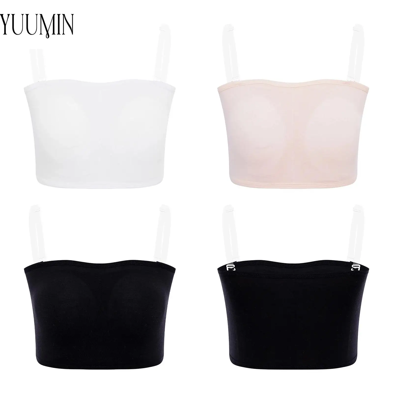 Girls Removable Chest Pads Bra Vest Strapless Tube Top with Removable Transparent Shoulder Straps for Ballet Dance Gymnastics