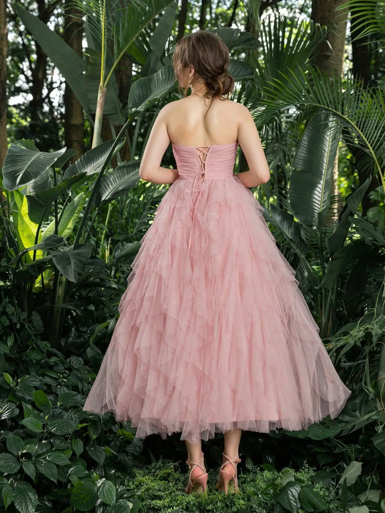 Elegant Strapless Tulle Dress with Ruched Bodice and Cascading Ruffles for Prom, Homecoming, or Formal Events