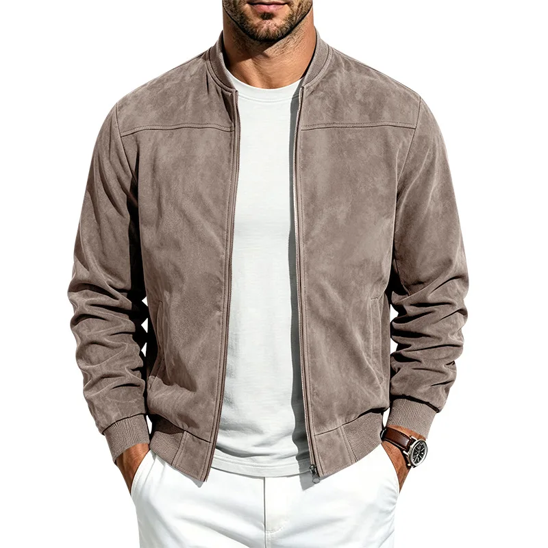 Men Faux Suede Er Jacket Spring Autumn Solid Color Zip Up Baseball Collar Coat Male Casual Slim Fit Outerwear For Daily Street