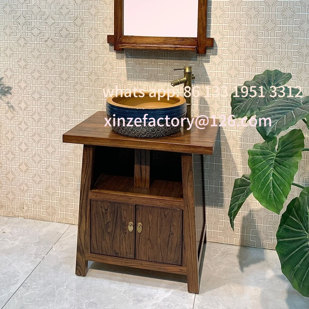 Lavandino antico personalizzabile, bagno dal pavimento al soffitto, combinazione di mobili da bagno per piccoli appartamenti in legno massello retrò