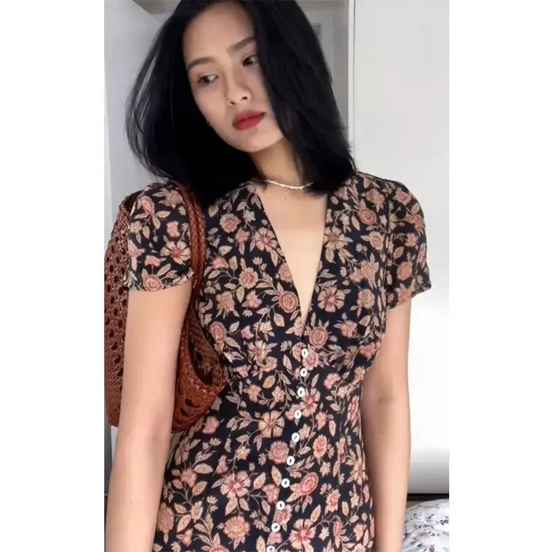 Korejepo Brown Fragmented Flower Dress 2024 Summer Tea Break French Retro Style Celebrity Dresses Beautiful Romantic Vestido