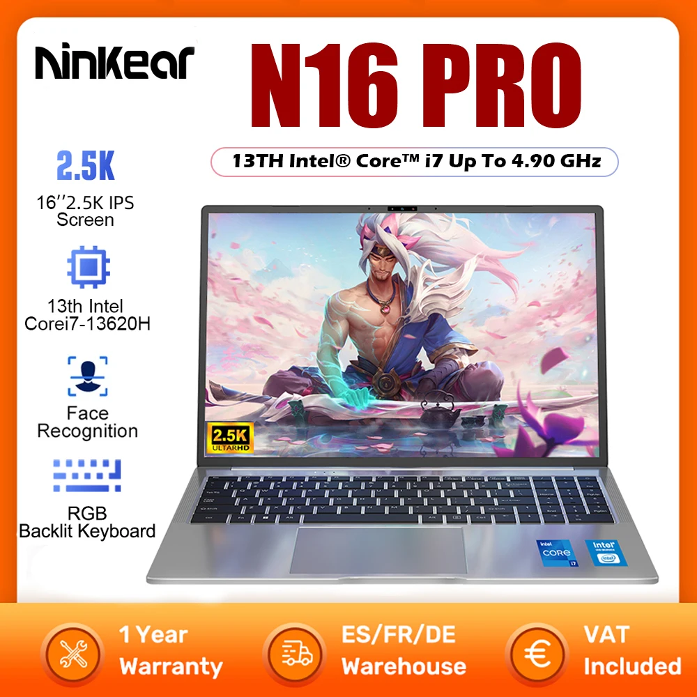 Ninkear N16 PRO Laptop 13th Intel i7-13620H 16-inch 2.5K IPS 120Hz Gaming Computer 32GB DDR4+1TB SSD WiFi 6 Fingerprint Notebook