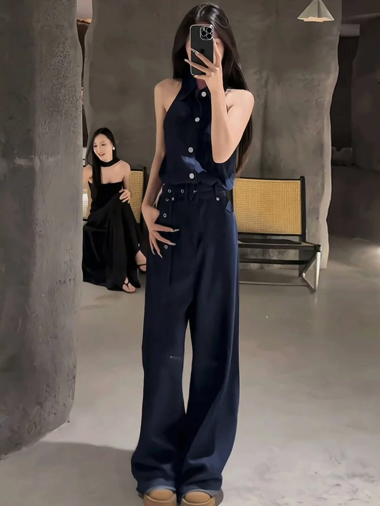 

Модный комплект в корейском стиле: синий джинсовый топ без рукавов и брюки с широкими штанинами, женский летний новый элегантный и стильный комплект из двух предметов