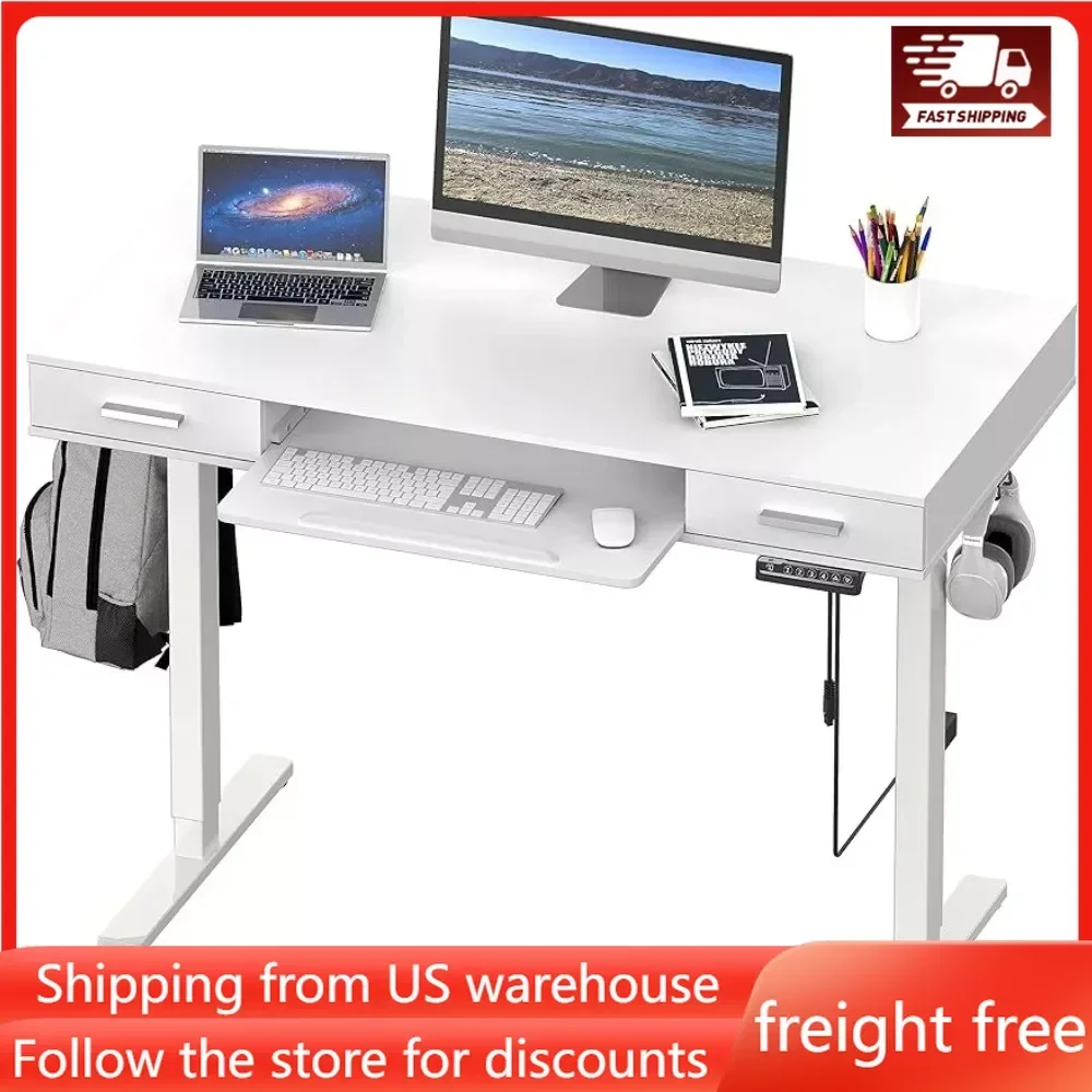 

Desk 48-Inch Electric Height Adjustable Desk with Keyboard Tray and Two Drawers Computer Desks Office Furniture Built-in