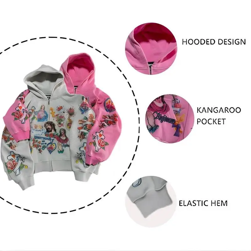 سترة بغطاء للرأس بطبعة يسوع Y2K سترة هاراجوكو القوطية