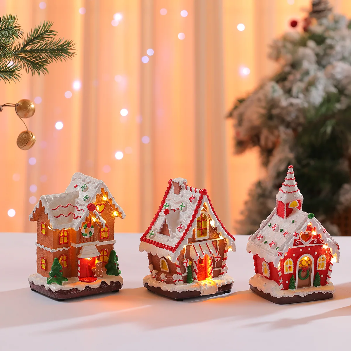 New Christmas Painted Resin Ornaments Glowing Music Biscuit Man Small House Candy House Tabletop Festival Home Ornament