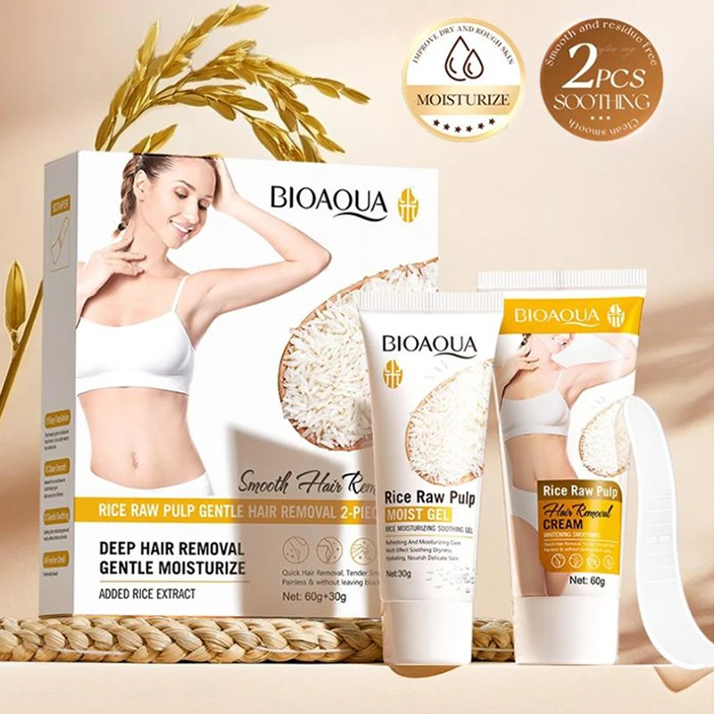 Rice Raw Pulp Gentle Hair Removal Cream Set, Depilatory Cream+ Moisturizing Soothing Gel,Body Arms Legs Deep Hair Remover