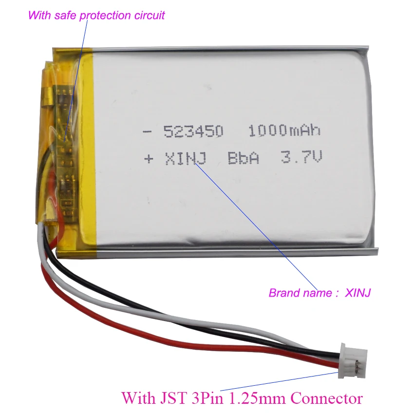 3.7V 1000mAh 3.7Wh 523450 JST 3Pin 1.25mm termistor NTC isi ulang baterai Lipo Li polimer untuk GPS Bluetooth Speaker DashCam