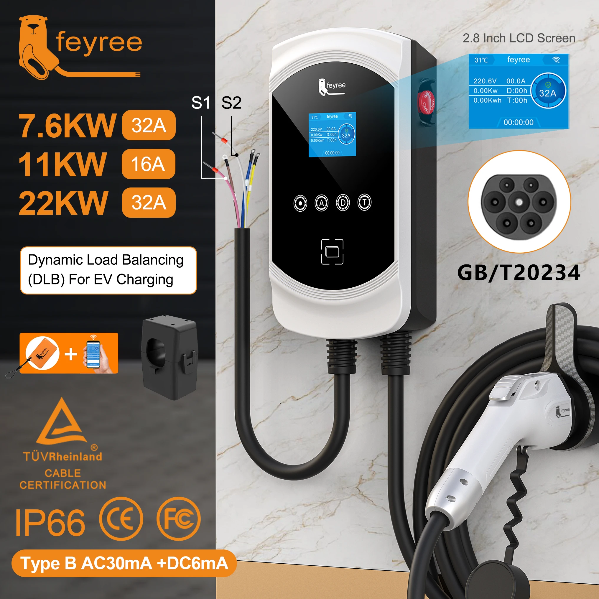 feyree GB/T Socket 32A 7KW 1P EV Charger 16A 11KW 3P 22KW APP Control DLB Charging Station for Electric Vehicle EVSE Wallbox