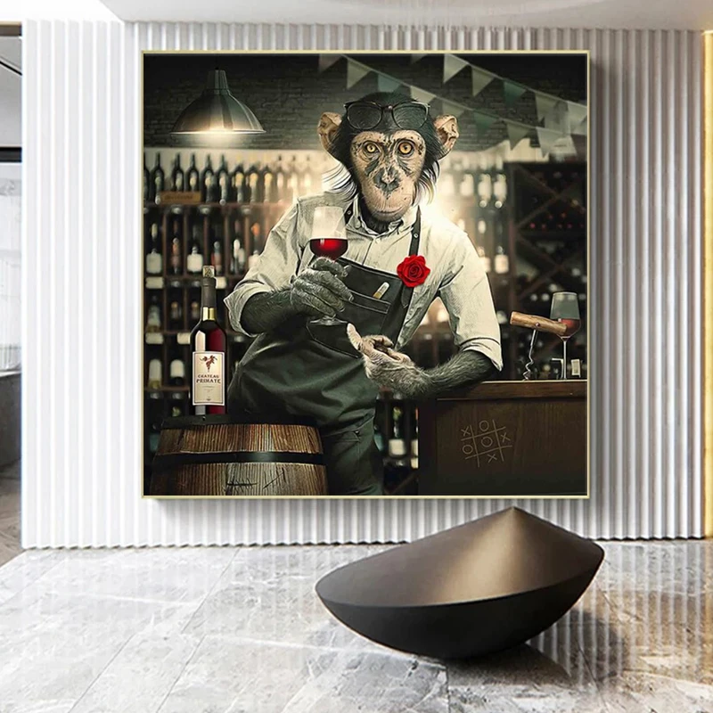 Funny Bartender Monkey Poster Prints For Club Pub Wine Room Home Decor Drinking Cocktail Animal Gorilla Canvas Painting Wall Art