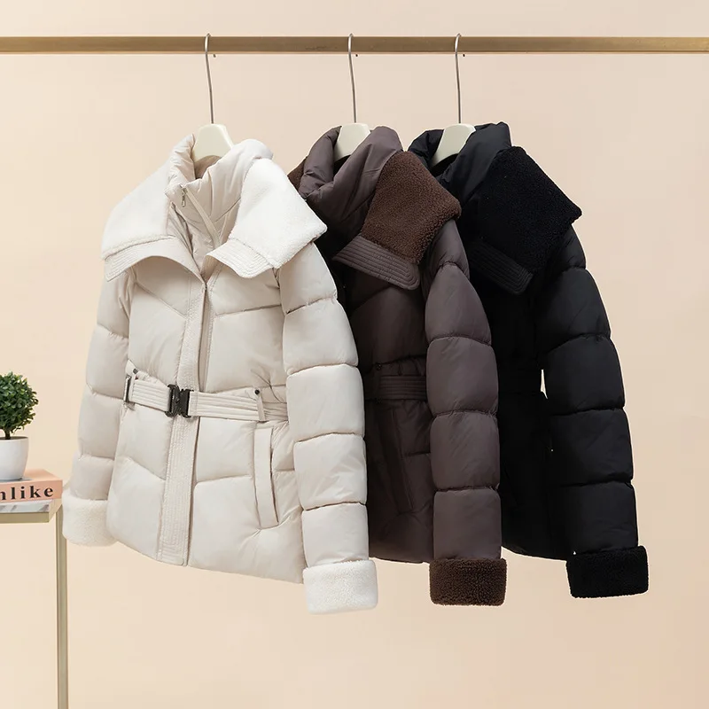 Women Parkas Coats Solid Jackets Zipper Pocket Belt Long Sleeves Turn Down Collar Cinched Waist Thick Casual 2025 Autumn Winter