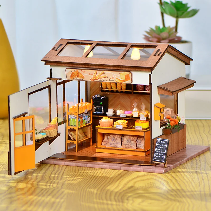 

DIY Wooden Miniature Model Kit Brown's Bakery Casa Doll Houses Assembled Dollhouses 3D Puzzle With Furniture Home Decor Gifts