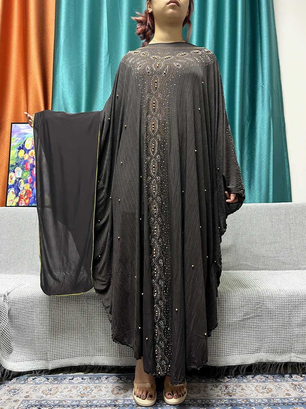 Muslim Ramadan Black Abayas For Women 2023 Dubai Chiffon Diamonds Boubou Loose Femme Robe African Islam Prayer Garment Turban