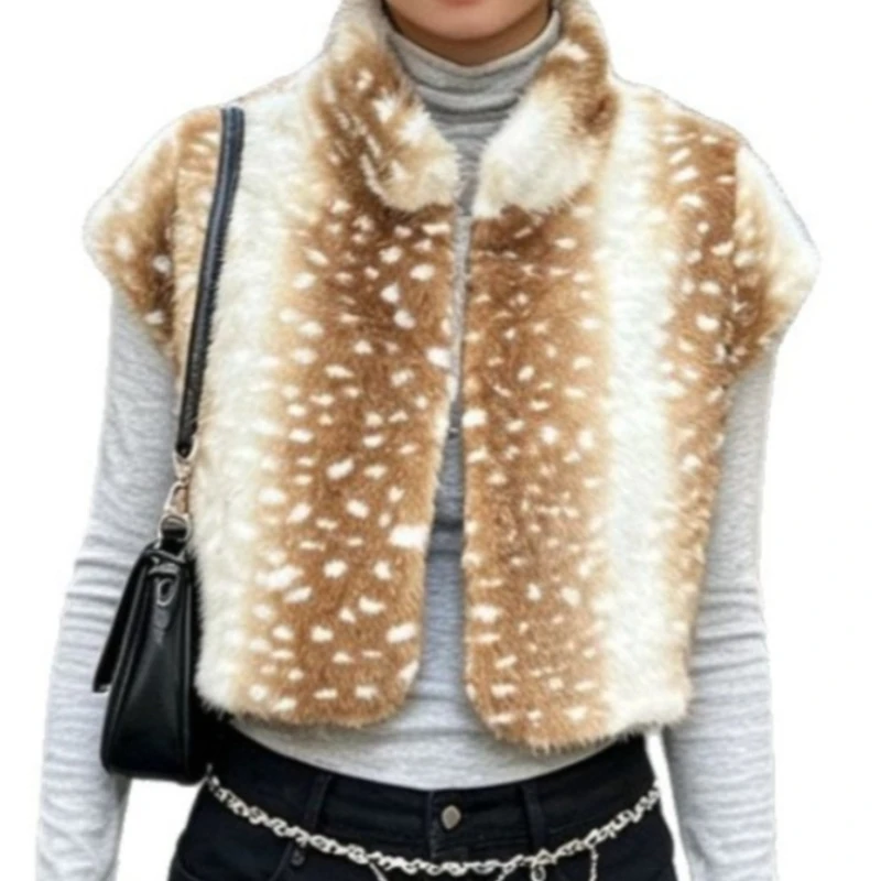 Deer-Print Faux Fur Vest for Women Warm Sleeveless Fuzzy Waistcoat Vintage Spotted Fleece Gilet  Mori Girl Layering Outerwear