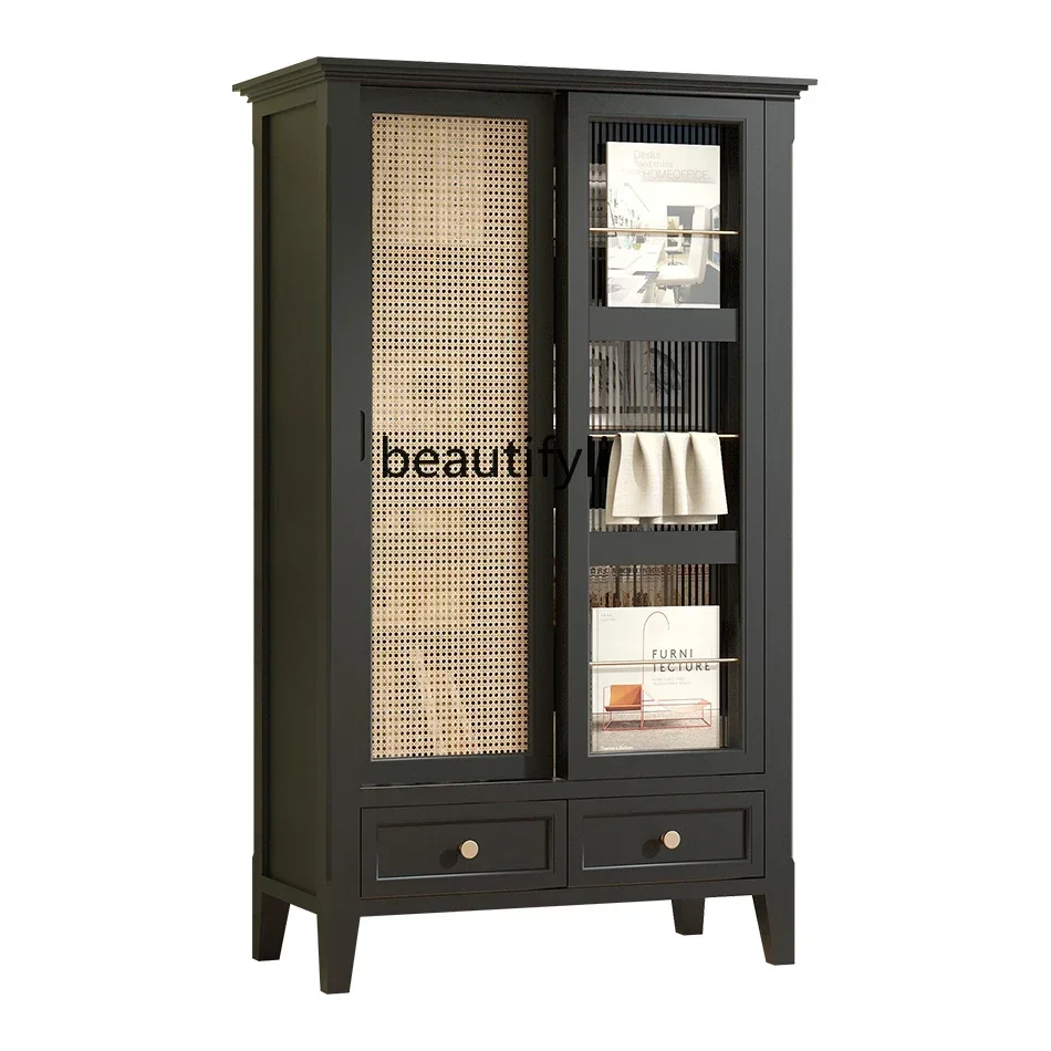 

Living room combination bookcase retro side cabinet decorative rattan sundry cabinet sliding door display cabinet