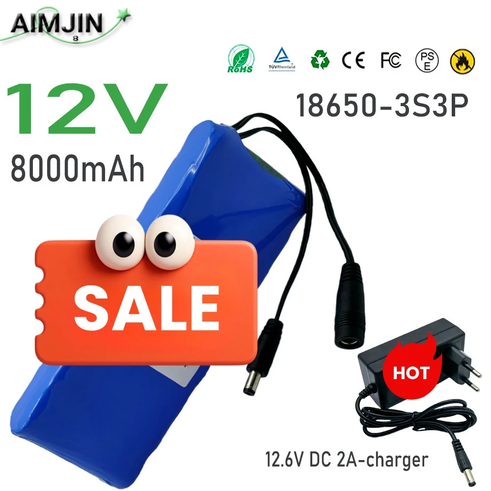 

Ultra Large Capacity 12V 8000mAh 18650 3S3P Li-ion Battery Pack Built-in BMS Safe Rechargeable Battery with 12.6V DC 2A Charger