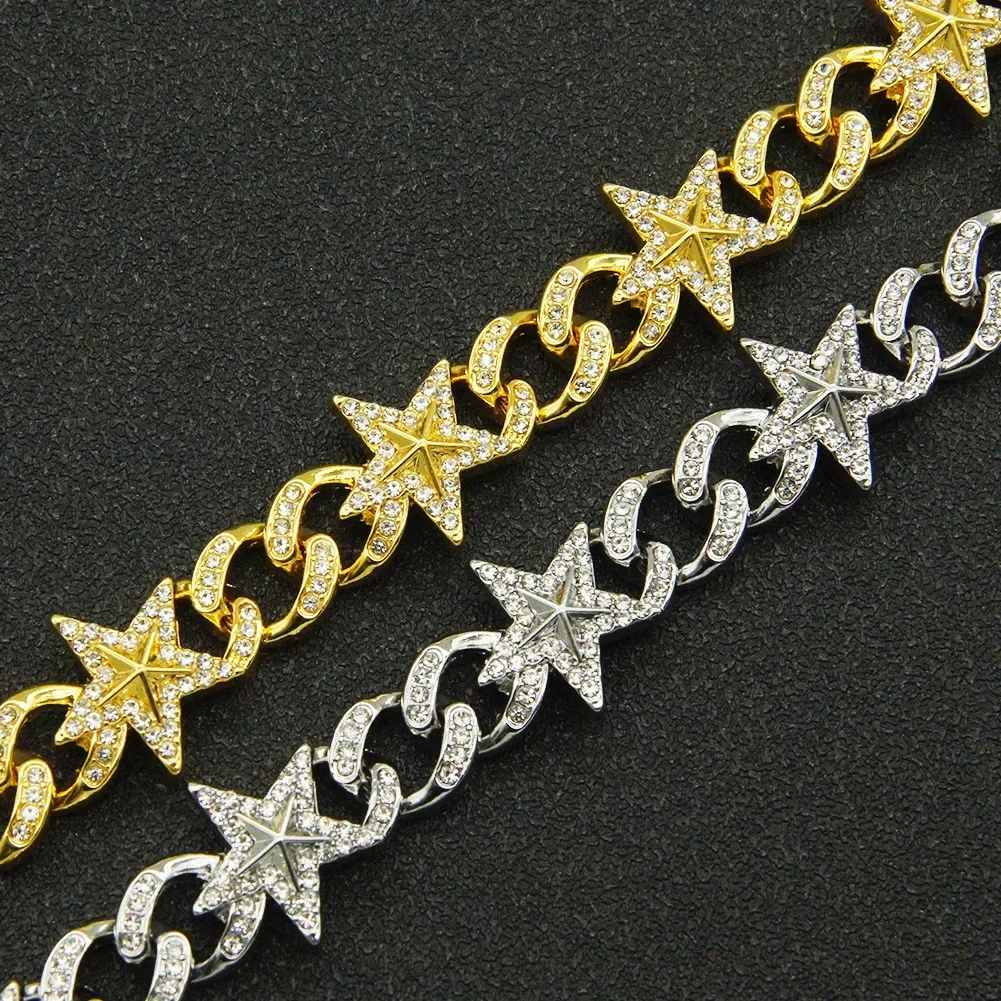 Luxury Hip Hop Trendy Micro Paved Rhinestones Crystal Cuban Link Chain Bracelet Star Charm Nightclub Party Anklet Jewelry Women