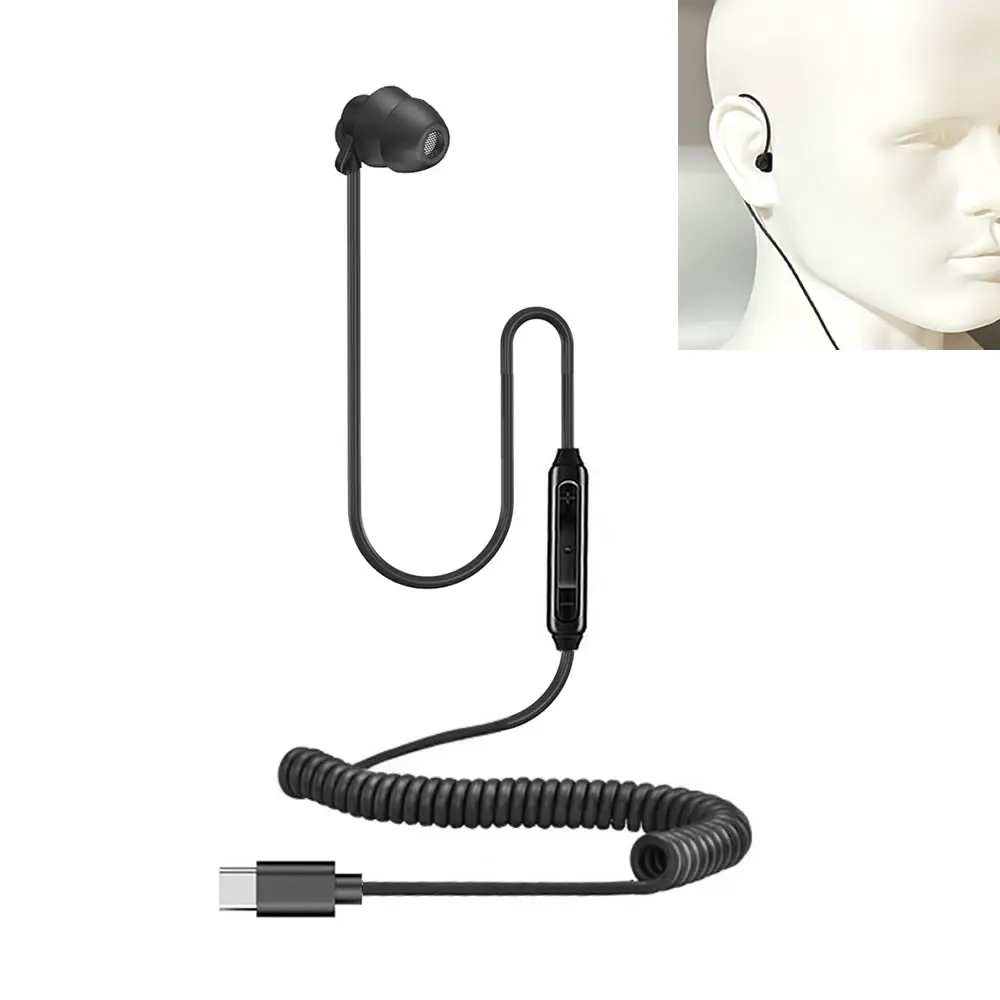 Single Side Earphone, 3.5mm/USB Type C One Ear Earphone with Mic Spring Retractable Coiled Cable with Comfort Silicone Tip