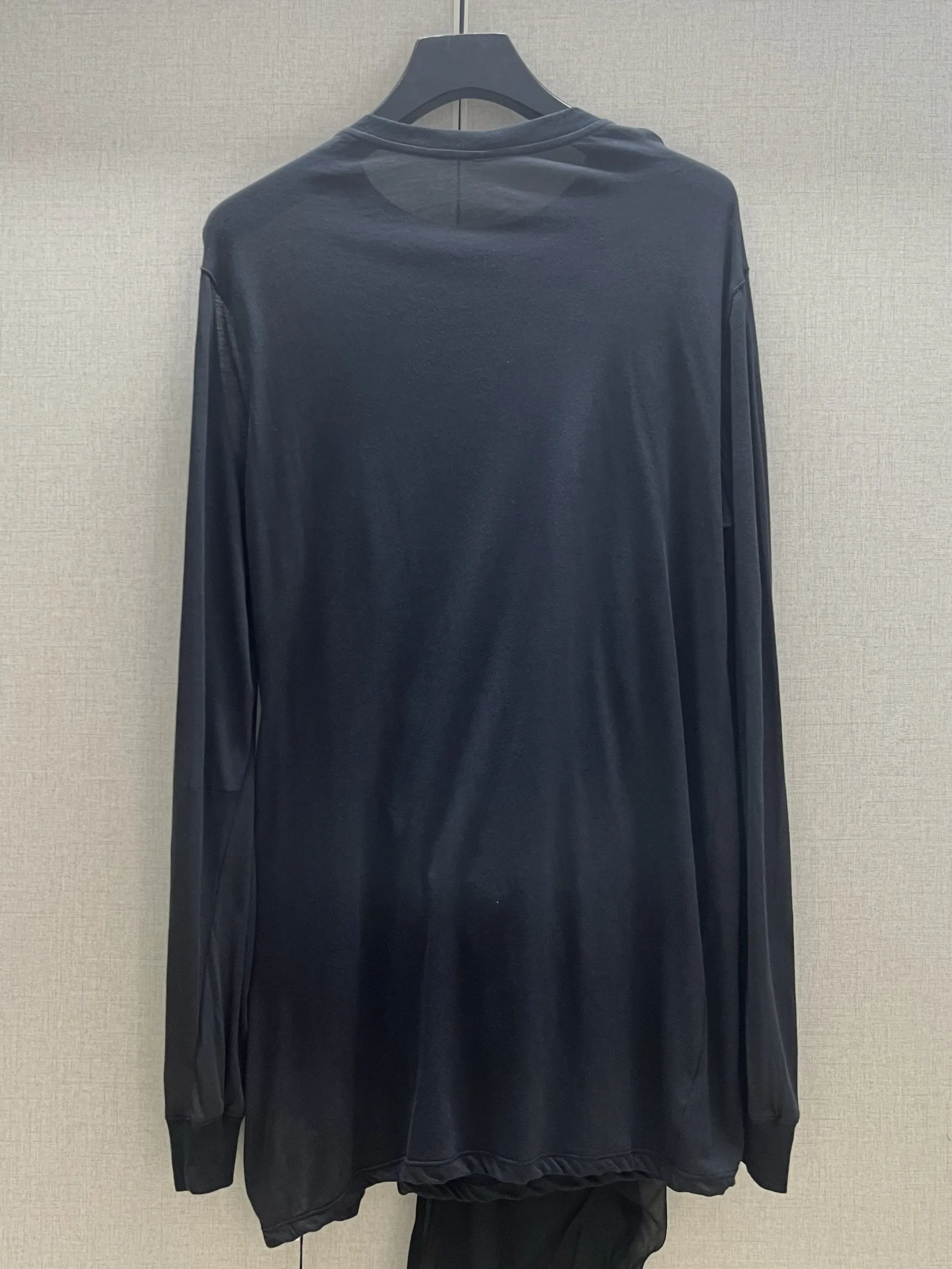 Men's 2026 Summer Dark RO Style Long Sleeve T-Shirt, Thin Hollow Out Spliced Round Neck, Unique Hem with Draped Shoulder Detail