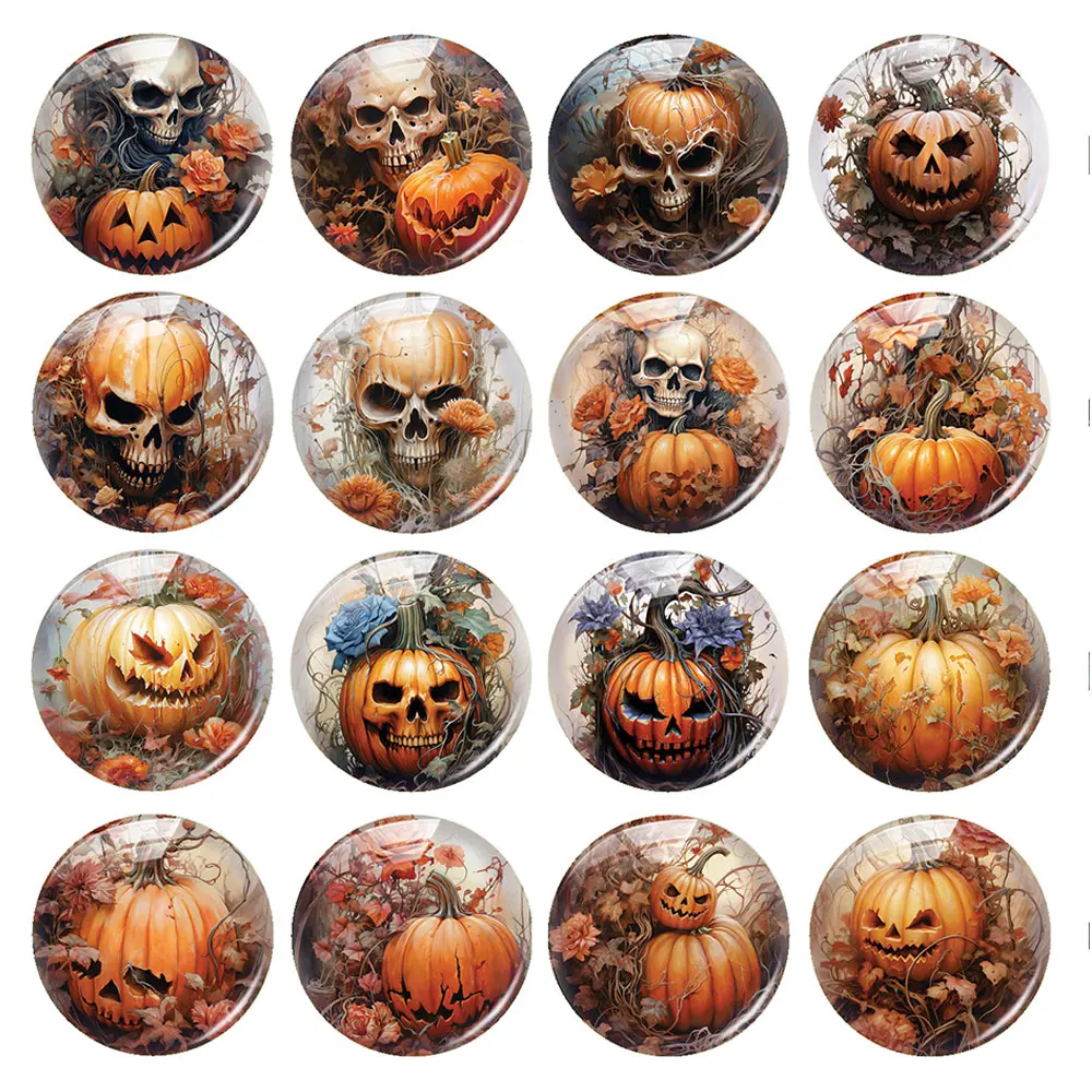 Handmade Halloween Gothic Skull Head Pumpkin Flower Photo Glass Cabochon Charms Flatback Demo Cameo For Diy Jewelry Making