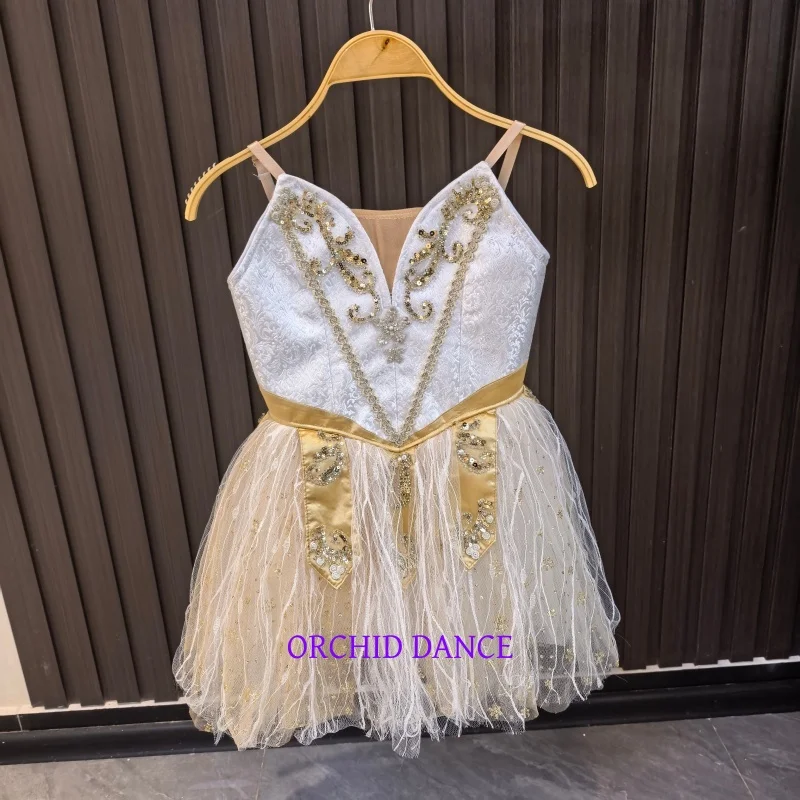 Womens Thin Strap V Neck Ballet Performance Dress Gold Scroll Embroidery Wide Waistband Hanging Decor Fluffy Short Tutu Dancewea