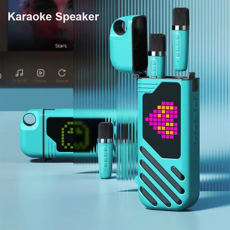 K18 Mini Portable Karaoke Bluetooth Speaker Flip Cover with Duel Wireless Microphone High Sound Quality Ultra Long Battery Life