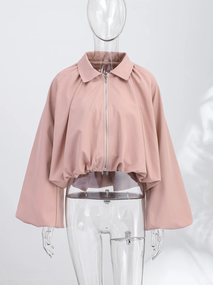 Ballonärmel Cropped Bomberjacken für Damen, Street-Style mit Revers, Lange Laternenärmel, Einfarbige Schlanke Mäntel, Frühling Schicke Damen-Oberbekleidung – Detail 4