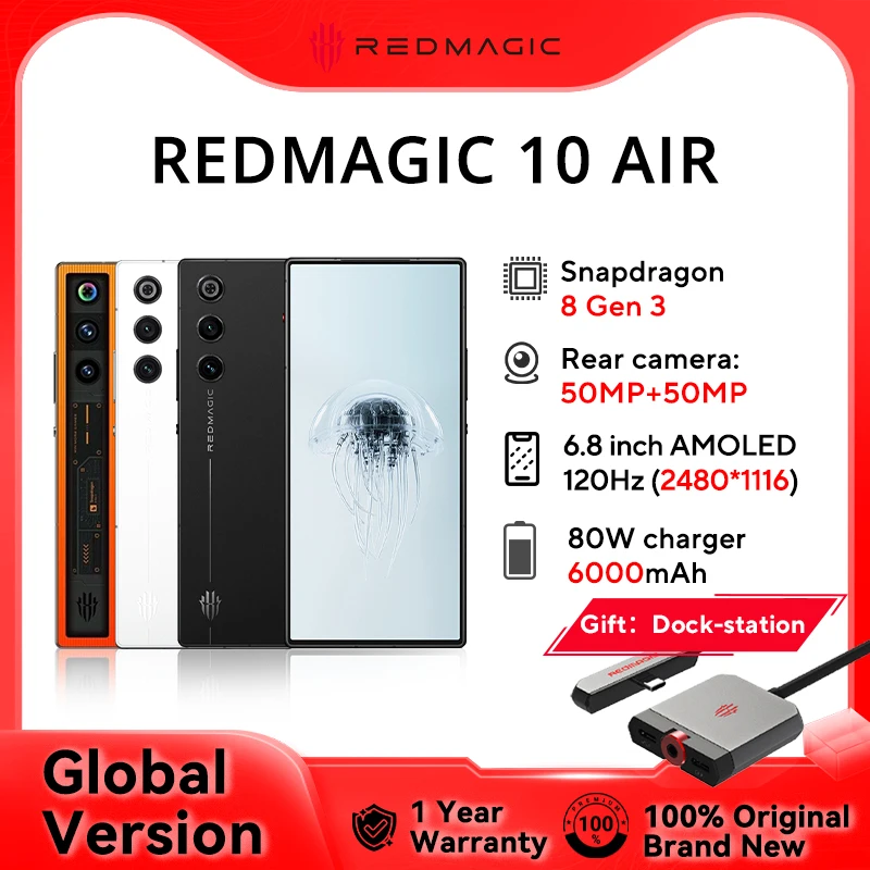 New Original Global Version Redmagic 10 Air NX779J Snapdragon 8 Gen 3  6.8" AMOLED 120Hz 2480 x 1116 50MP*2+16MP 6000mAh 80W NFC