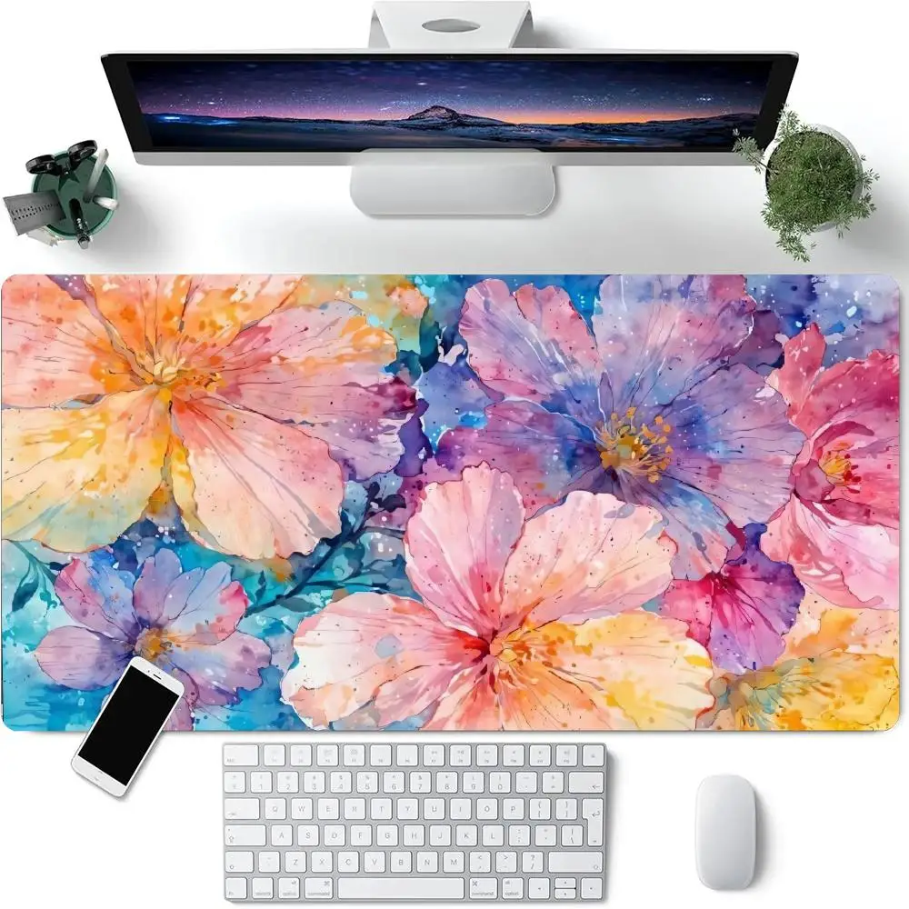 

Коврик для мыши с цветными цветами, большие настольные аксессуары, настольный коврик, резиновая основа с прошитыми краями, коврик для мыши, противоскользящий коврик для клавиатуры для дома