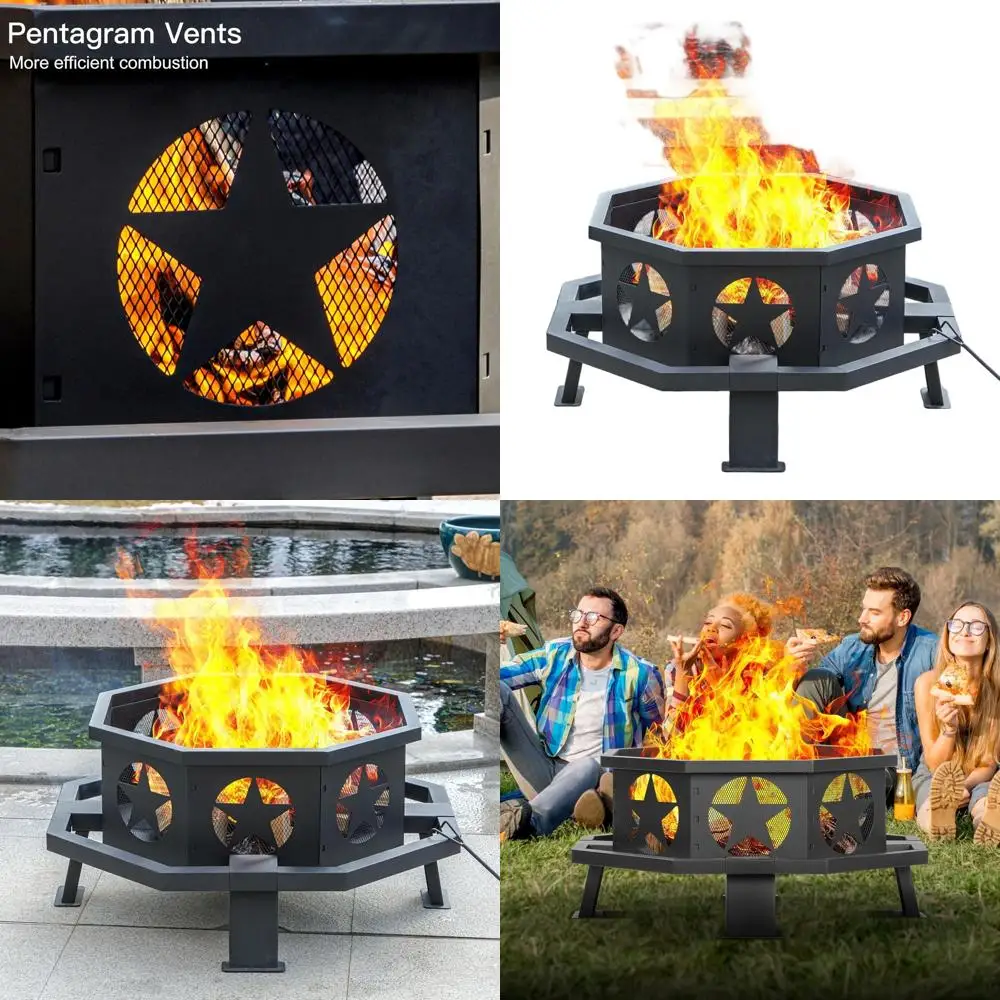 

Sturdy Octagonal Wood-Burning Fire Pit, 32 Outdoor Fire Pit with Poker for Patio and Camping