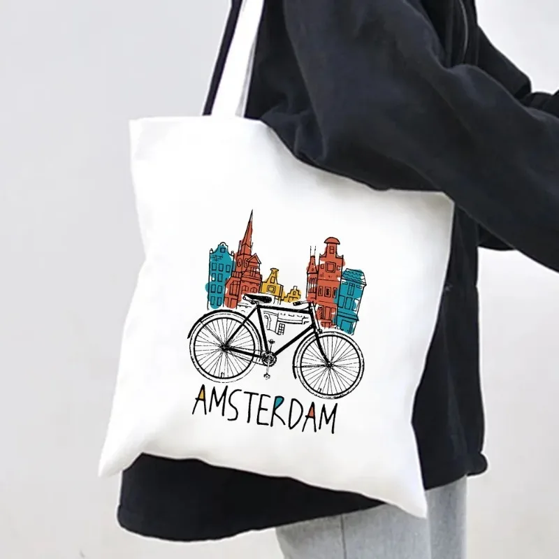 Donne City View Amsterdam Shopping Bags Canal Houses paesi bassi borsa a tracolla in tela borsa Tote Eco Shopper borse riutilizzabili