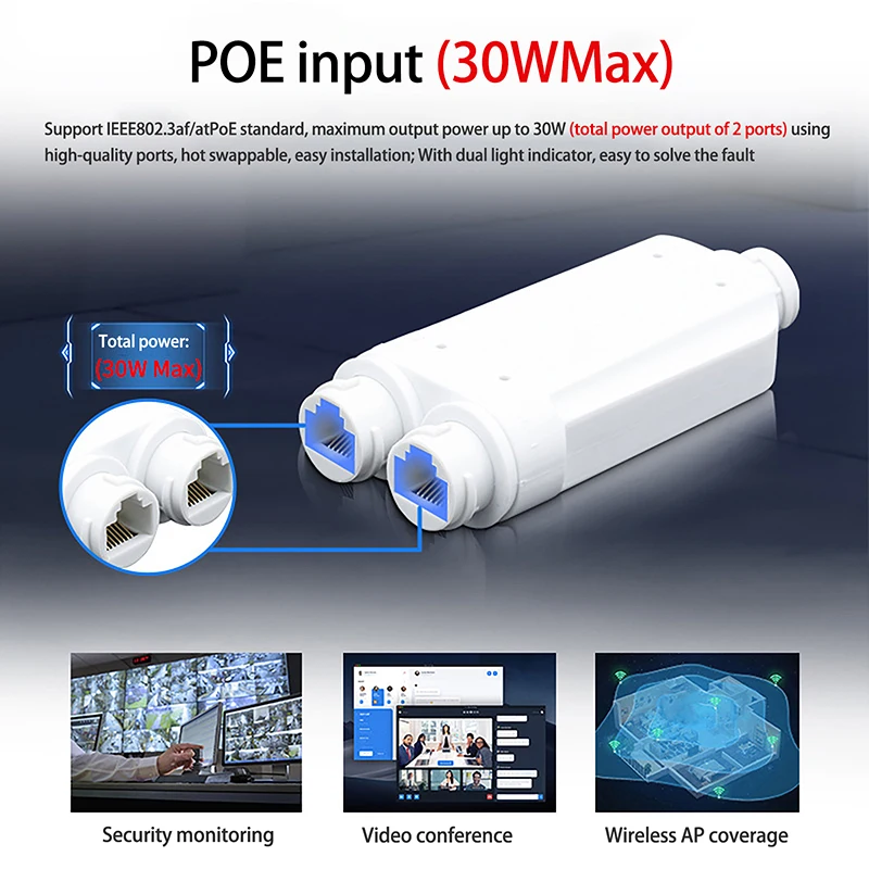 방수 POE 2 포트 리피터, IP66 100Mbps 1-2 PoE 익스텐더, IEEE802.3af/at 48V 야외 POE 스위치 카메라용