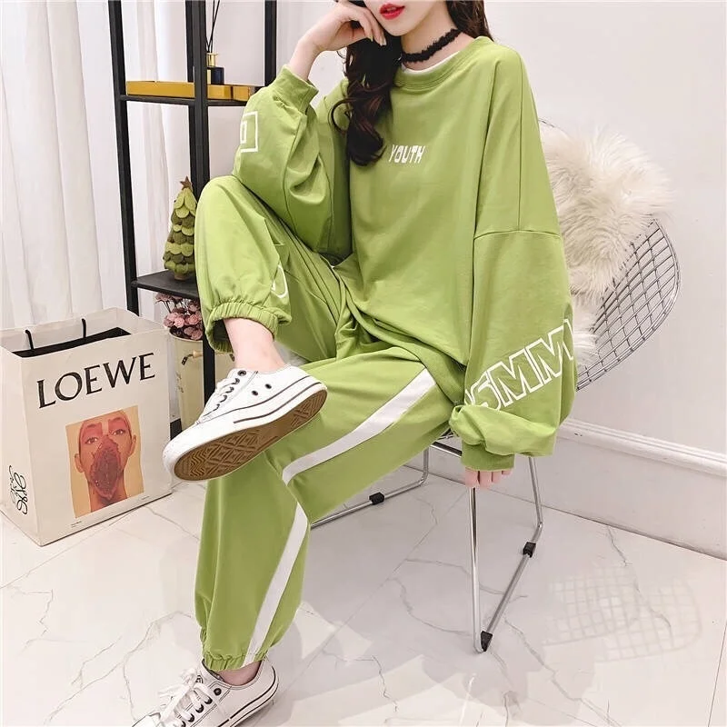 Women\'s 2023 New Spring And Autumn Sports Suit Large Korean Style Student Long Sleeve Hooded Tops And Pants Loose Two Piece Sets