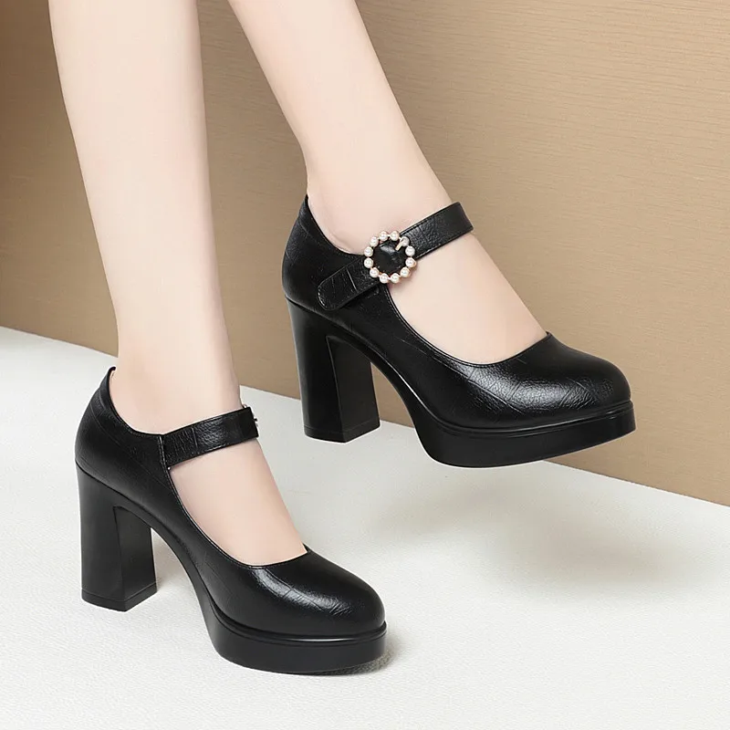 

9cm Comfortable Fashion Shallow Pearl Buckle Women's Platform Pumps 2024 Spring Block High Heels Shoes Black for Office Model