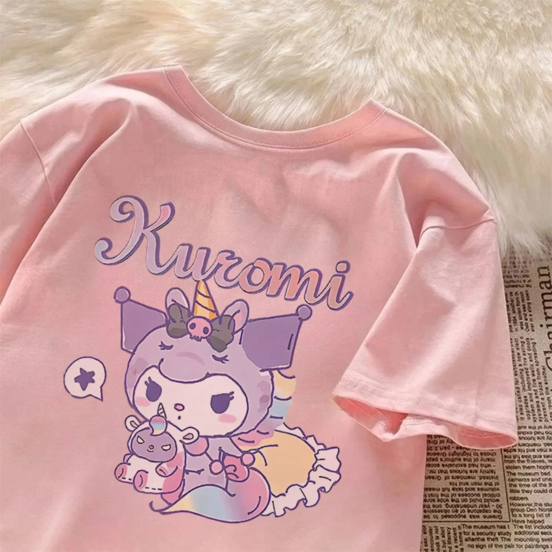 

2025 new summer girls' cotton short-sleeved Kuromi purple T-shirt for middle and large children's versatile fashionable tops