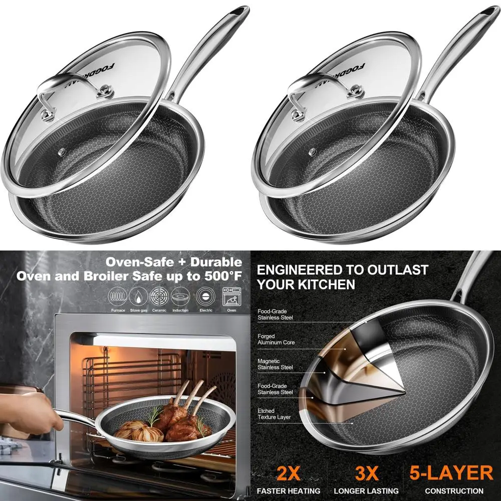 

12 Inch Non-Stick Frying Pan, Stainless Steel Skillet with Tempered Glass Lid, Suitable for All Cooktops, Dishwasher and Oven Sa