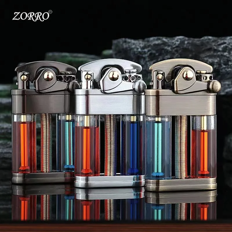 ZORRO Windproof Rocker Arm Oil Lighter Metal Transparent Double Fuel Tank Cool Unusual Grinding Wheel Kerosene Lighter Men Gift