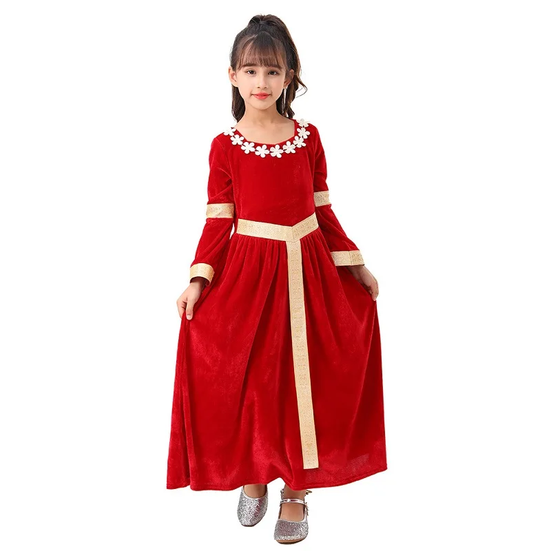 Medieval Renaissance Princess Queen Costume Gown Robe Red  Medieval Swing Dress Kid Vampire Halloween Costumes