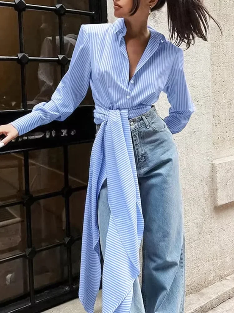 Beautyblue Blue Pink Striped Shirt Women Elegant Blouses Casual Buttoned Pleated Striped Tied Waist Lapel Female Blouses&Shirts